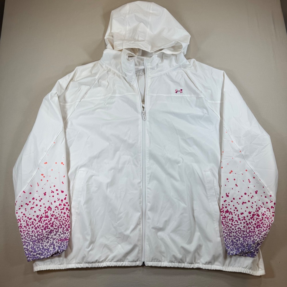 Under Armour Storm Windbreaker Jacket Women 2X White Pink Purple Splatter Hooded